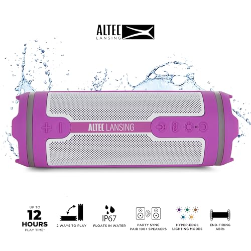 Altec Lansing HydraMOTION 2.0 Wireless Bluetooth Speaker, 16H Battery, RGB Lights, USB-C Quick Charge, IP67 Rated Waterproof Bluetooth Speaker, Mountable, Voice Assistant - color: Purple/White