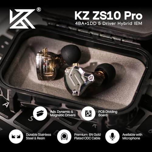 Linsoul KZ ZS10 Pro, 4BA+1DD 5 Driver in Ear Monitor, HiFi Wired Earbuds, Gaming Earbuds, Hybrid IEM Earphones with Stainless Steel Faceplate, Detachable Cable for Musician(Without Mic, Black) - color: Black, style: Without Mic