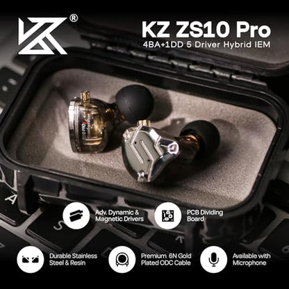 Linsoul KZ ZS10 Pro, 4BA+1DD 5 Driver in Ear Monitor, HiFi Wired Earbuds, Gaming Earbuds, Hybrid IEM Earphones with Stainless Steel Faceplate, Detachable Cable for Musician(with Mic, Black) - color: Black, style: With Mic