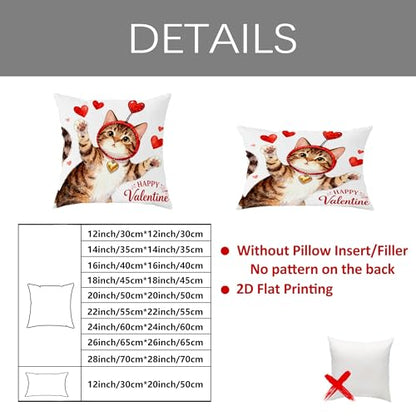 Cat Throw Pillow Covers Set of 2, Playful Fanciful Hearts Red Headband Valentine Red with Hidden Zipper Cushion Covers Pillow for Living Room Apartment Bed Sofa Decor 26x26 Inch - size: 26" x 26" (Pack of 2)