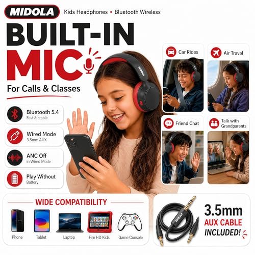 Kids Bluetooth Headphones Wireless,ANC, 68H,Safe Volume Limit 85/94dB | Active Noise Cancelling,Adjustable Headband Foldable Over-Ear for Toddler Girls Boys Tablet/iPad,HD Stereo,Built-in Mic,Black - color: Black