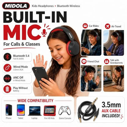 Kids Bluetooth Headphones Wireless,ANC, 68H,Safe Volume Limit 85/94dB | Active Noise Cancelling,Adjustable Headband Foldable Over-Ear for Toddler Girls Boys Tablet/iPad,HD Stereo,Built-in Mic,Black - color: Black