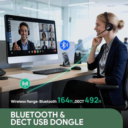 Yealink WH64 Hybrid DECT Dongle & Bluetooth Wireless Headset for Work | Teams & Zoom Work Headphones with Charge Stand, 492ft Long Range, 3X Noise Canceling Mic, 32-Hour Battery Life for Office - style: WH64 Hy-Dual with Stand