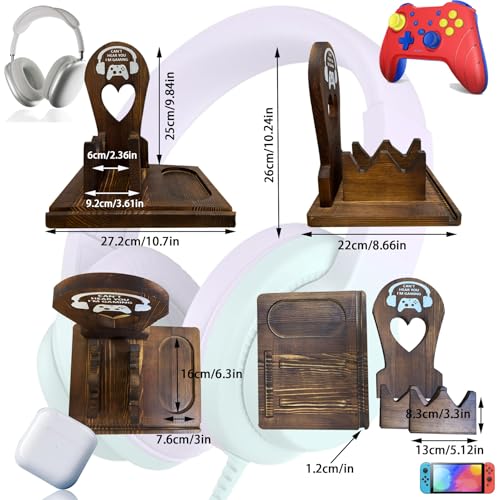Wooden Headset Stand with Controller Holder - Multi-Functional Gaming Organizer for Desk, Detachable Design w/Phone Slot - Perfect Gamer Gift for Men, Dad, Graduation