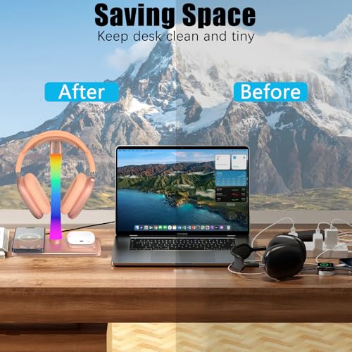 Headphone Stand with Wireless Charger,Gaming Headset stand with RGB Light Mode,For Airpod Max Stand Compatible with Airpod Pro/3/2,For iPhone 17/16/15/14/13/12/11,Gifts for Gamers & Music Lover (Gold) - color: Gold