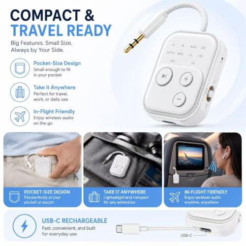 Bluetooth 6.0 Audio Transmitter Receiver, Bluetooth Adapter for TV/Airplane | Dual Link for 2 Headphones, Qualcomm aptX LL, HD, 3.5mm AUX Audio Transmitter for Flight Trave, Gym, Low Latency - color: White