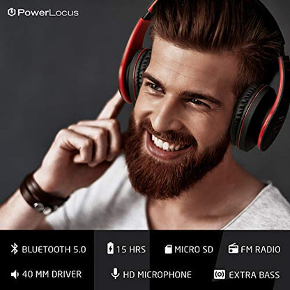 PowerLocus Bluetooth Over-Ear Headphones, Wireless Stereo Foldable Headphones Wireless and Wired Headsets with Built-in Mic, Micro SD/TF, FM for iPhone/Samsung/iPad/PC (Black/Red) - color: Black/Red