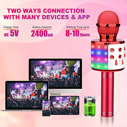 BlueFire 4 in 1 Karaoke Wireless Microphone with LED Lights, Portable Microphone for Kids, Great Gifts Toys for Kids, Girls, Boys and Adults (Red) - color: Red