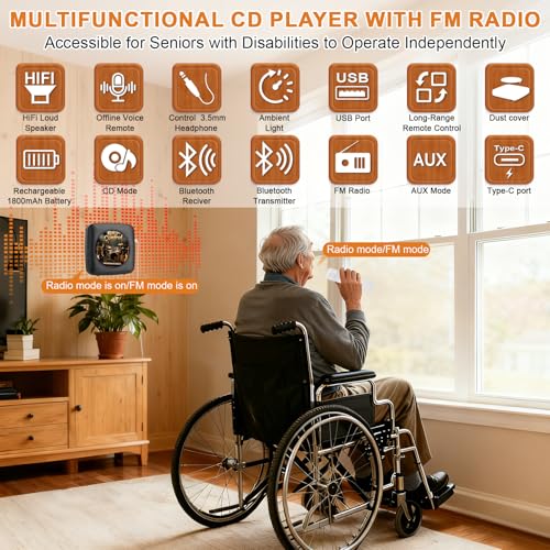 Gueray CD Player Portable Bluetooth: Offline Voice Control CD Players for Home with Remote Voice Control CD Player with Speakers with FM Radio Remote - color: Nightfall black
