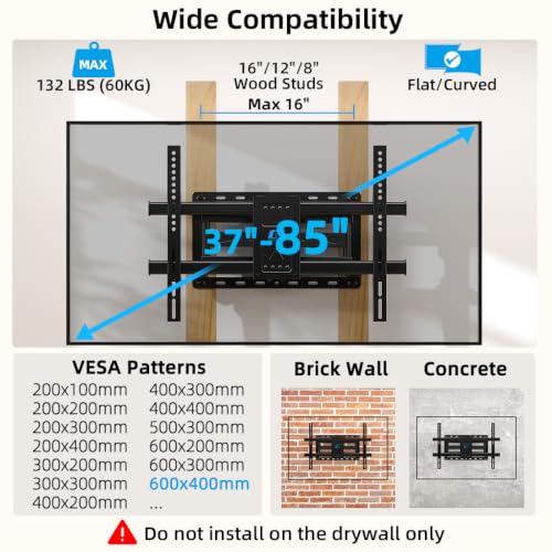 HOME VISION Full Motion TV Mount with Soundbar Bracket, 37-85" TVs,132 lbs | Dual Articulating Arms, Swivel Tilt Leveling, VESA 600x400, Fits 8"/12"/16" Studs,Fits Universal Soundbars - size: 37-85" FM w/5746