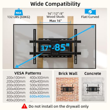 HOME VISION Full Motion TV Mount with Soundbar Bracket, 37-85" TVs,132 lbs | Dual Articulating Arms, Swivel Tilt Leveling, VESA 600x400, Fits 8"/12"/16" Studs,Fits Universal Soundbars - size: 37-85" FM w/5746