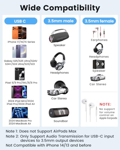 USB C to 3.5mm AUX Cable Set, 4 Pack, AUX to USB C Cord & Adapter | 2 AUX cords + 2 DAC audio dongles, USB C to AUX audio, music, mic, calls & recording, for car stereo, speakers & headphones