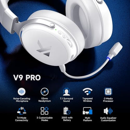 V9 PRO Wireless Gaming Headset 7.1 Surround Sound for PS5 PS4 PC SWITCH TOPSPEED Gaming Headphones, Noise Canceling Mic, 250Hr Battery, Low 15ms Latency, Lightweight, BT 5.3 FPS Games Icy&White - color: V9PRO-IcyWhite