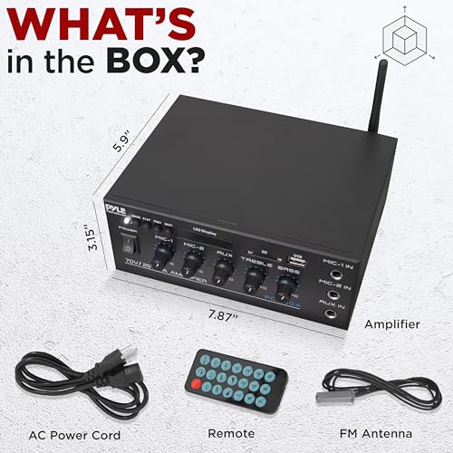 Pyle Compact Mini Home Power Amplifier - 40W Smart Small Audio Stereo Receiver w/ AUX 2 Microphone IN COM/8-Ohm/25V/70V Speakers LED Input Selector For PA Amplified Speaker Sound System - PCM20A - size: 40 Watts