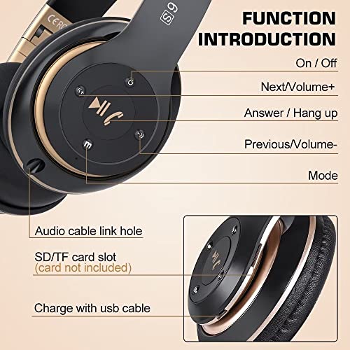 6S Bluetooth Headphones Over-Ear, Hi-Fi Stereo Foldable Wireless Stereo Headsets Earbuds with Built-in Mic, Volume Control, FM for iPhone/Samsung/iPad/PC (Blue) - color: Black