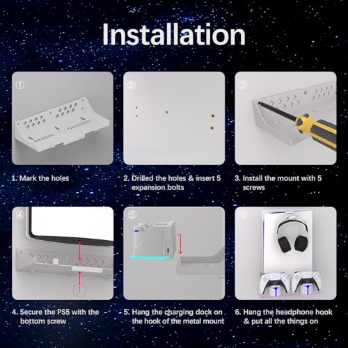 PS5 Wall Mount Kit with Charging Station, Compatible with PlayStation 5/Slim/Pro Disc & Digital Version, Dual Use Charging Station with Multi-Mode RGB Light, White