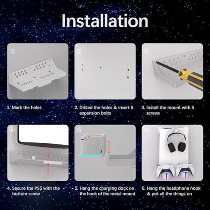 PS5 Wall Mount Kit with Charging Station, Compatible with PlayStation 5/Slim/Pro Disc & Digital Version, Dual Use Charging Station with Multi-Mode RGB Light, White
