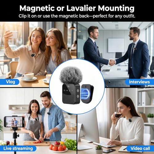Wireless Lavalier Microphone, Mini Compact Lapel Mic with Magnetic Clip & Charging Case, 25H Long Battery Life, Noise Reduction, Dual Interface for iPhone Android Video Recording Vlogging Podcast