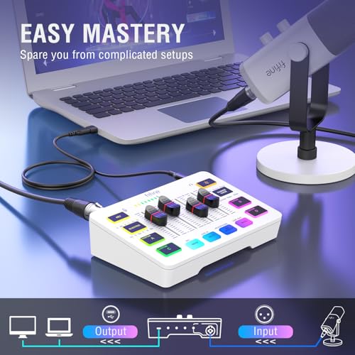 FIFINE Audio Mixer, Gaming Streaming PC Mixer with Slider Fader, XLR Microphone Interface, Monitoring, for Video/Game Voice/Podcast Recording-AmpliGame SC3W | USB PnP For PC,Mute Button,XLR Preamp,RGB,Voice change,48V Phantom Power,Monitoring,Podcast,Reco