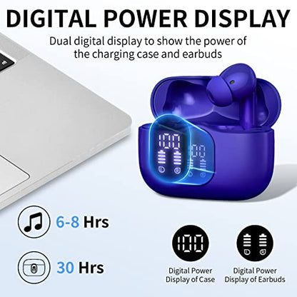 Wireless Earbuds, Bluetooth 5.4 Headphones Bass Stereo, Ear Buds with Noise Cancelling Mic LED Display, IP7 Waterproof in Ear Earphones, 36H Playtime for Laptop Pad Phones Sports Workout, Dark Blue | Ear Buds with Noise Cancelling Mic LED Display, 36H, IP