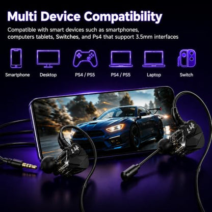 Wired Gaming Earbuds with Mic, Deep Bass in-Ear Headphones for PS5 PC Online Class(Black) - color: Black