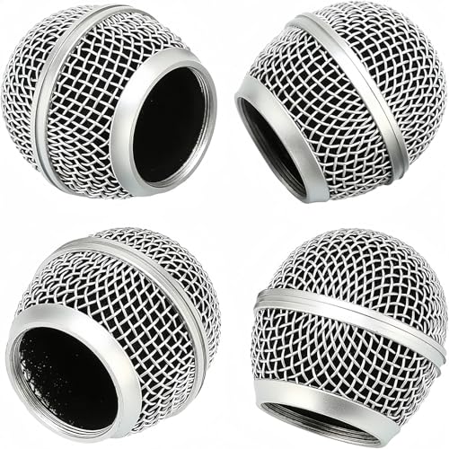 4 PCS Replacement Grilles for Shure Wired and Wireless SM58, Beta58A, SV100 Microphones, Microphone Grille Ball with Inner Foam, Steel Mesh Microphone Grille Head - Silver