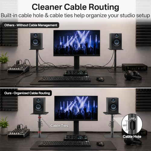 Studio Monitor Stands Pair, Height Adjustable Desktop Speaker Stands for Yamaha, PreSonus, JBL & KRK Monitors, Heavy Duty Steel Construction with Locking System, Anti-Wobble Design & Cable Management