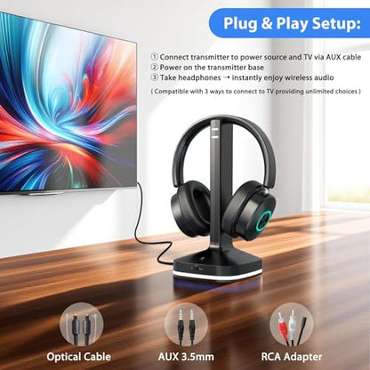 Wireless Headphones for TV Watching, TV Headphones Wireless for Seniors with 3 Audio Modes, Headphone for TV with Transmitter Charging Base, No Delay Over Ear Headset, Gifts for Parents/Elderly
