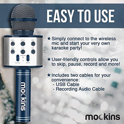 Mockins Navy Bluetooth Karaoke Microphone for Kids with Built in Bluetooth Speaker| Wireless Microphone Karaoke Compatible with iOS & Android| All-in-One Mic - color: Navy