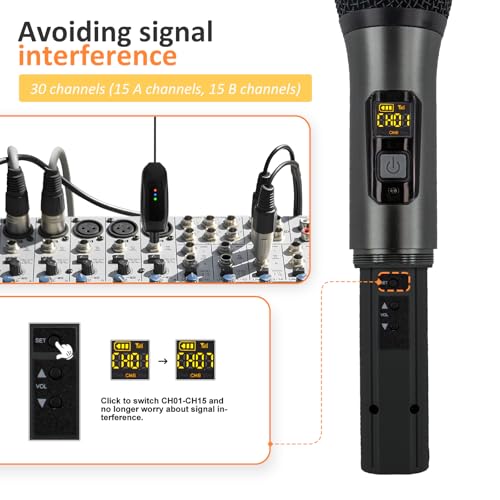 Soundgeek Wireless Microphone UHF Metal Dual Handheld Mic with Rechargeable Receiver 200ft Range, Microphone for Singing, Karaoke, Church, Speech, Wedding, Party Singing(2 Mics, Gray & Gray)
