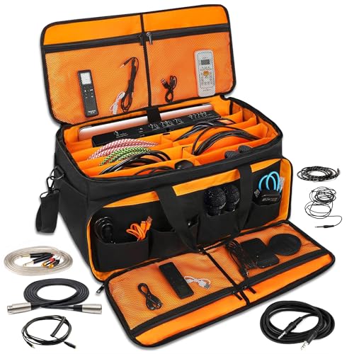 Large DJ Cable File Bag, Heavy Duty Gig Bag 17" Laptop Sleeve with Padded Dividers for Musicians, Professional Gear Cords, Microphone, Travel