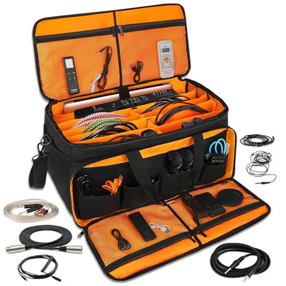 Large DJ Cable File Bag, Heavy Duty Gig Bag 17" Laptop Sleeve with Padded Dividers for Musicians, Professional Gear Cords, Microphone, Travel