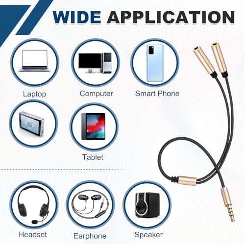 MECCANIXITY 2Pcs 3.5mm Splitter Male to 2 Dual 3.5mm Female Y Jack Aux Splitter for Phone Headset Tablets, 1ft, Gold - color: Gold