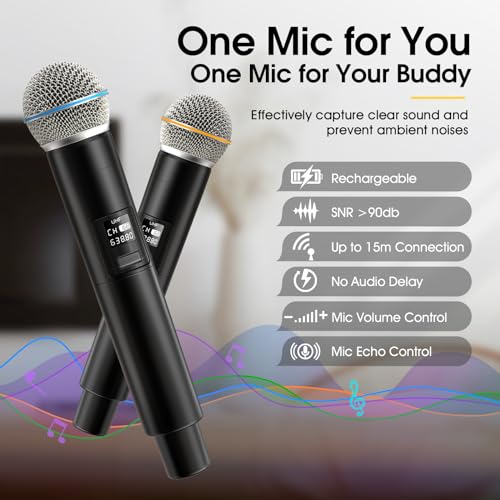 Karaoke Machine, Retro-Design Speaker with 2 Wireless Microphones for Adults & Kids, Portable Karaoke System for Home Party, Bluetooth/AUX/USB/TF/TWS Support, Gifts for Women & Girls - style: Black