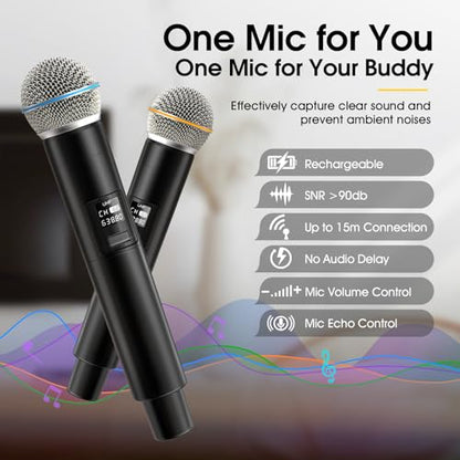 Karaoke Machine, Retro-Design Speaker with 2 Wireless Microphones for Adults & Kids, Portable Karaoke System for Home Party, Bluetooth/AUX/USB/TF/TWS Support, Gifts for Women & Girls - style: Black