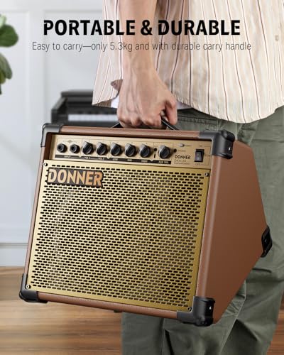 Donner DKA-20 Keyboard Amplifier 20 Watt Keyboard AMP with Aux in and Two Channels, Bass Guitar Amp, Piano Amplifier, Electronic Drum Speaker Support for Microphone Input - color: Modern Brown