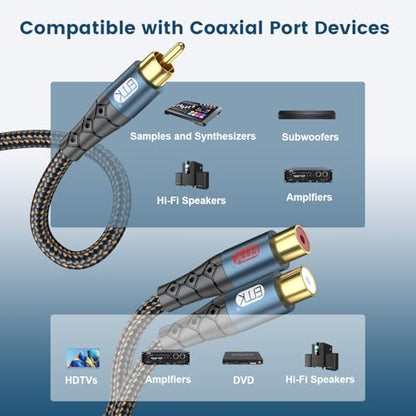 EMK RCA Splitter 1 Male to 2RCA Female Copper Shell Gold-Plated Y Adapter RCA Male to 2RCA Female Cable RCA Y Splitter Connectors Extension Cord 1ft/0.3m - size: 1ft/0.3m, style: 1Male to 2Female