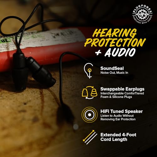 Plugfones Guardian Earplug Headphones - OSHA Compliant Noise-Reducing in-Ear Headphones with Hearing Protection - Wired Hybrid Design for Work and Travel - Includes Silicone & Foam Earplugs - Black - color: Black