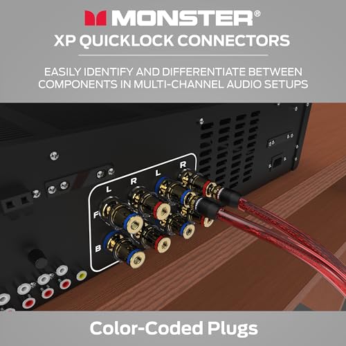 Monster XP QuickLock Banana Plugs for Speaker Wire, Self-Crimping Speaker Wire Connectors, 24K Gold-Plated Audio Connector Plugs, Color-Coded, 2 Pair (4 Plugs)