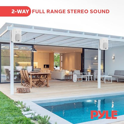Pyle 6.5'' Marine Grade Waterproof Bluetooth Speakers with Built-in Amplifier, Indoor/Outdoor Use, Full Range Stereo, Aux Input, Rustproof, Ideal for Patio, Pool, Home Audio, White - color: White