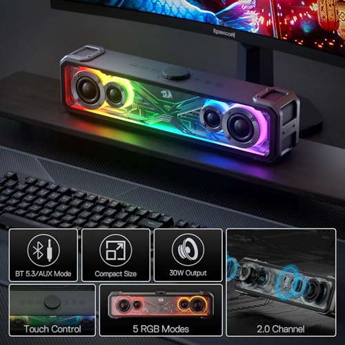 Redragon GS817 RGB Desktop Soundbar, 2.0 Channel Stereo Speakers for Desktop w/Massive 30W Max Power, Touch-Control, Wireless 5.3 & 3.5mm AUX Inputs, Black