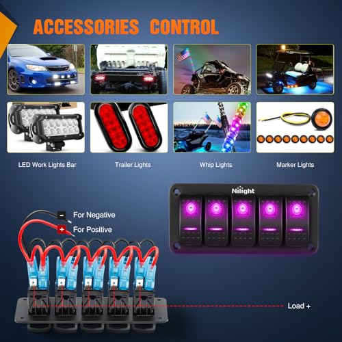 Nilight 5 Gang Rocker Switch Panel w/Purple LED Light 5Pin On Off Pre-Wired | Aluminum Toggle Switches Waterproof for 12V/24V Cars Marine Boats ATVs Trailers RV Trucks - color: Purple, size: 5 Gang