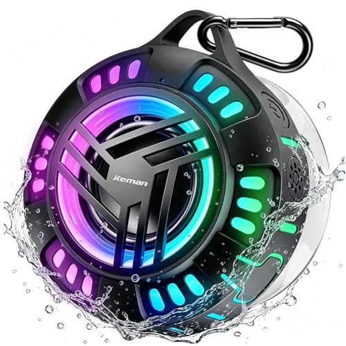 JTEMAN Shower Speaker Bluetooth Waterproof Portable,IPX7 Waterproof Outdoor Speaker with 7 LED Light Modes, Suction Cup & Carabiner, Floating Wireless Speaker for Pool, Beach, Kayak,Unisex Gifts