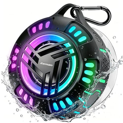 JTEMAN Shower Speaker Bluetooth Waterproof Portable,IPX7 Waterproof Outdoor Speaker with 7 LED Light Modes, Suction Cup & Carabiner, Floating Wireless Speaker for Pool, Beach, Kayak,Unisex Gifts