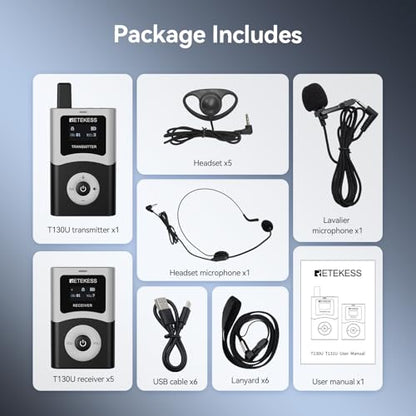 Retekess T130U (4nd Gen T130) Tour Guide System,Tour Guide Headset(1TX 5RX) | for Church, School, 200M, 40H, U-Band, Clear Sound Quality, Wireless Connection, One-Key Operation - style: 1-5