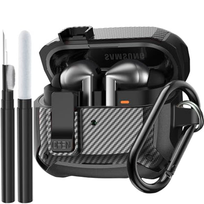 Compatible Samsung Galaxy Buds 3 Pro Case/Bud3 Cover Lock Clip for Men, Military Shell Galaxy Buds Pro 3/ Bud 3 Protective Armor Skin with with Cleaner Kit & Carabiner, Black - color: Black
