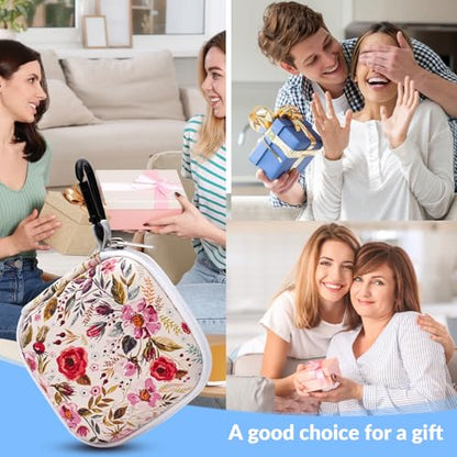 Unique Patterned Portable EVA Earbud Case with Carabiner | Printed Earbud Holder With Sturdy Carabiner, Multi-Use Storage For Earphones, Headphones, SD Cards & Small Electronic Chips - color: Beige flowers