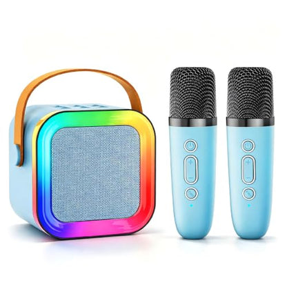 Mini Kids Karaoke Machine Toy Ages 3-12, 2 Wireless Mics Bluetooth Speaker | LED Party Lights, Voice Changer, Duets, BT 5.3, Rechargeable Portable, Christmas Birthday Gifts for Toddler Boys & Girls - color: Blue - 2 Mics