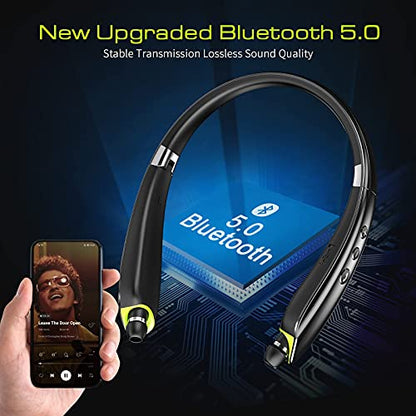 Bluetooth Headset, Neckband Bluetooth Headphones with Retractable Earbuds | 2026 Upgraded Noise Cancelling Stereo Earphones with Mic, Foldable Wireless Headphones for Sports Office w/Carry Case(Black) - color: Black