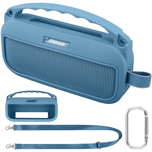 co2CREA Soft Silicone Case for Bose SoundLink Flex 2nd Gen, Blue | Skin-Friendly Handle, Adjustable Shoulder Strap, Crossbody Carrying, Aluminum Carabiner, Lightweight - color: Blue Dusk Case